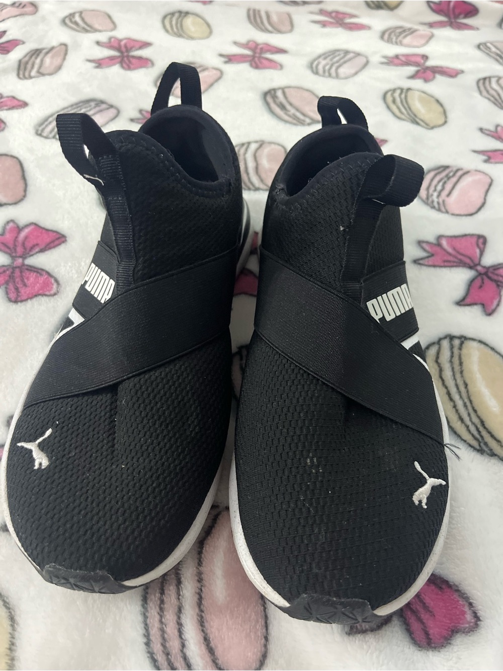 Puma Black and White Kids Slip-On Cross-Strap Sneakers